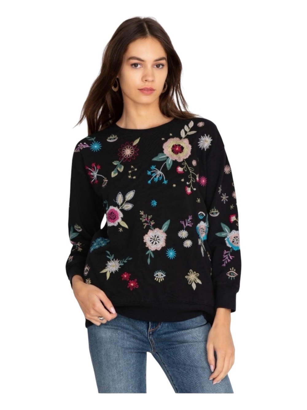 JOHNNY WAS Martine Sweatshirt Embroidered flowers Women's Size XL